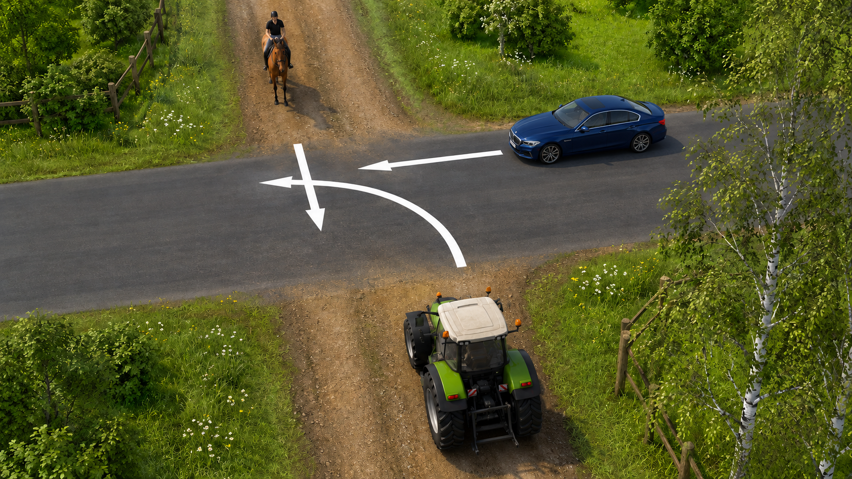 Verharde weg kruist een zandpad