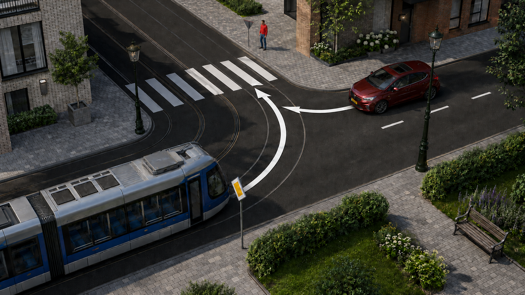 Tram, auto en voetganger op een kruispunt