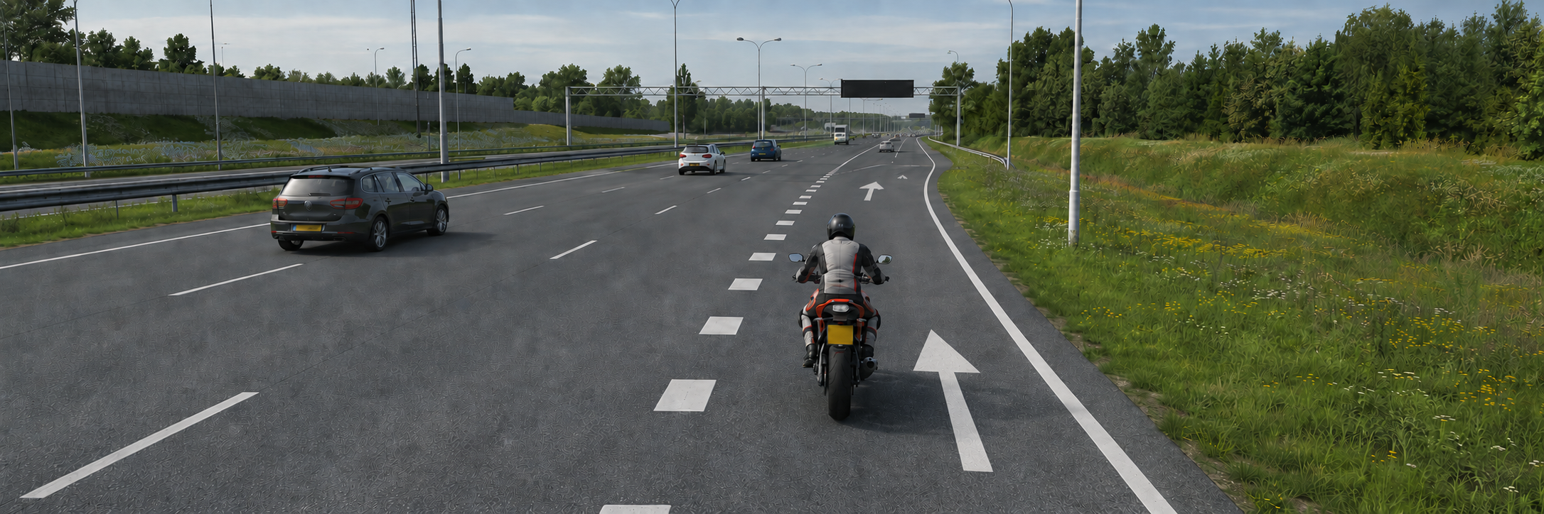 Motorrijder op een uitrijstrook van de snelweg